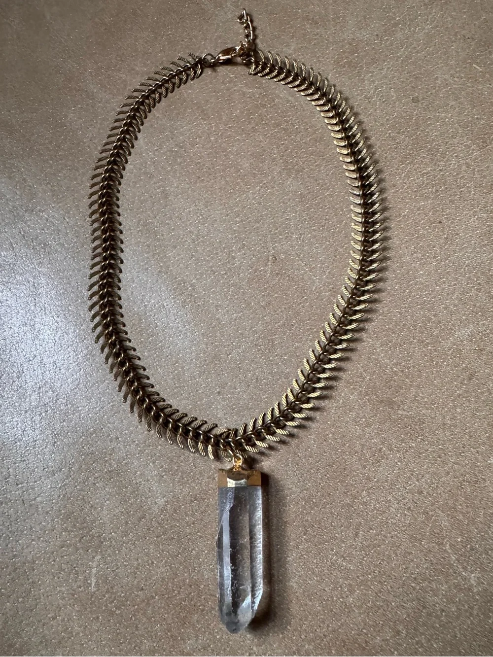 Crystal Quartz pendant necklace gold brass Fishbone chain